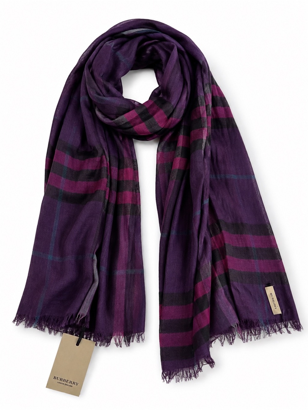 Burberry Purple Check Silk & Virgin Wool Lightweight Scarf Wrap – Made in Italy